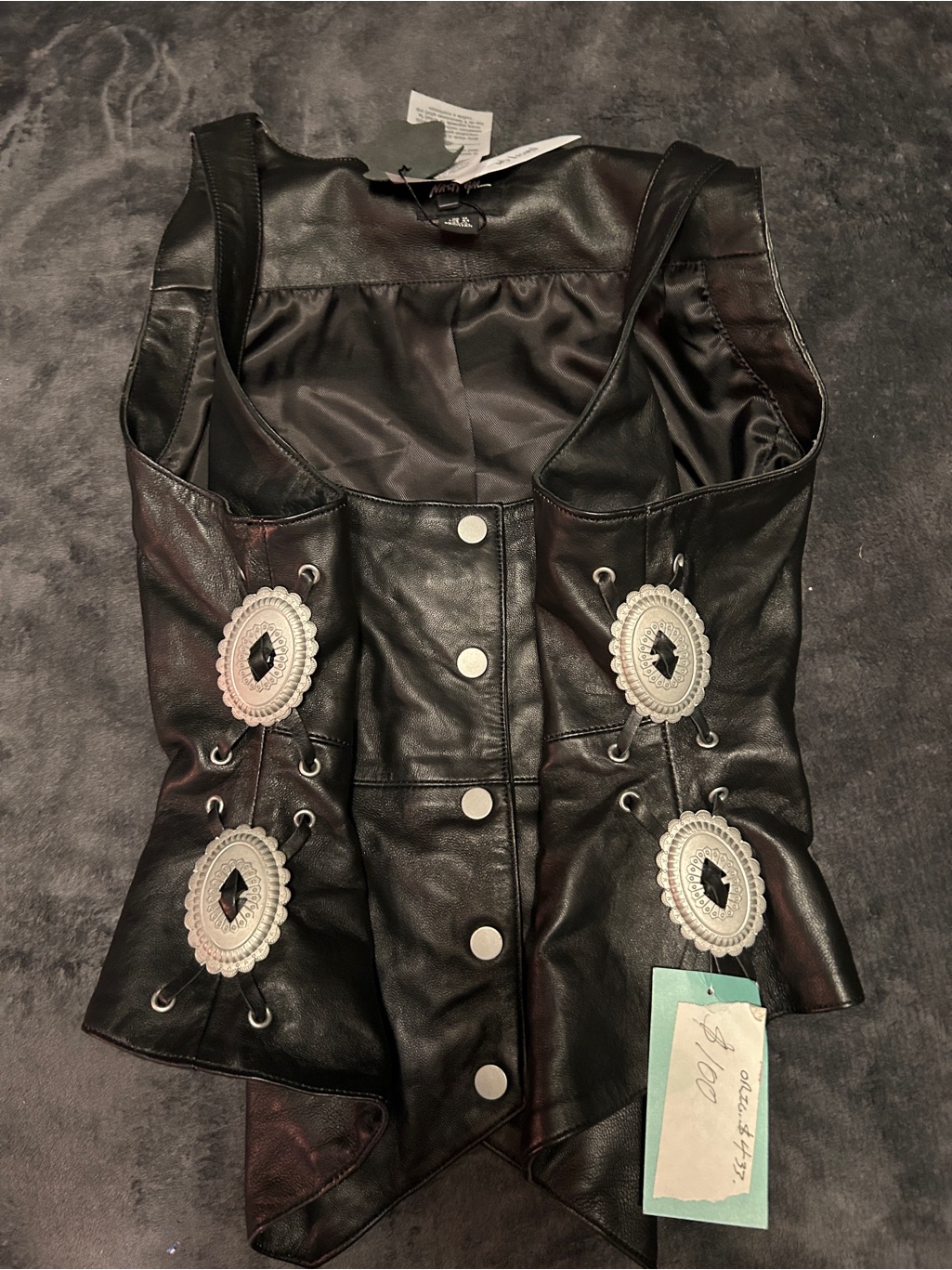 Nasty Gal Black Leather Western Vest. Lace-Up Sides With Conchos. Lined.